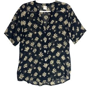 Bogner Vintage Silk Blend Sheer Floral Button Up Blouse Sz 6 Navy Blue Hungary